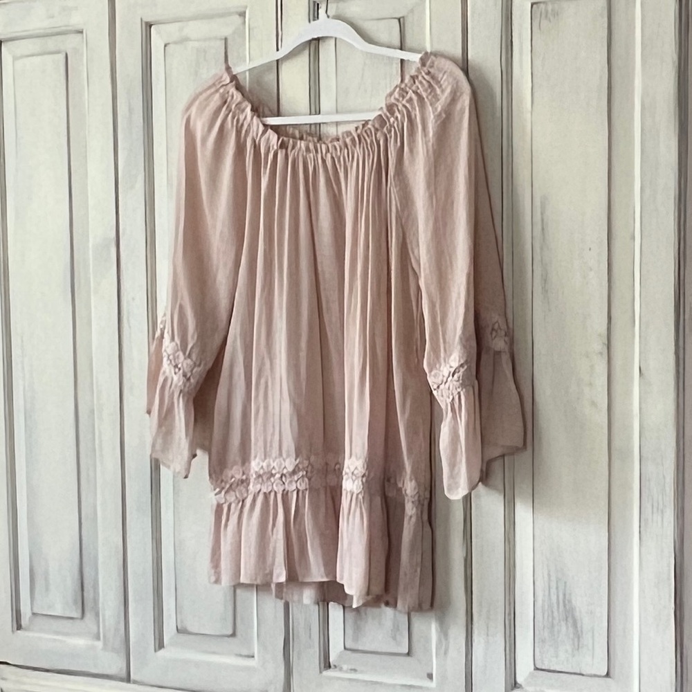 🟠NWT SPENSE Boho Blouse with Crochet Details in Taupe LG
